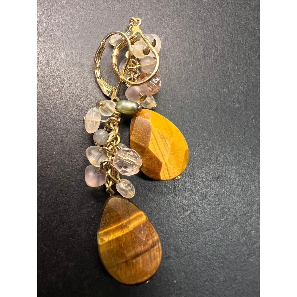 Avon tigers eye gold tone lever back chandelier earrings - Picture 3 of 7